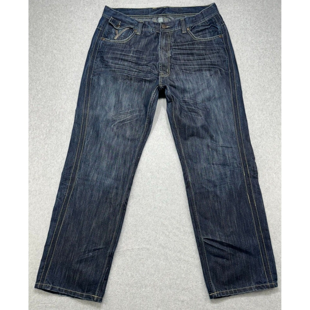 Jordan Craig Jeans Mens 36x32 Blue Distressed Whiskered Dark Straight Denim